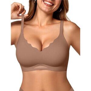 Womens Wireless Bras Scalloped Push Up Bralettes Coffee